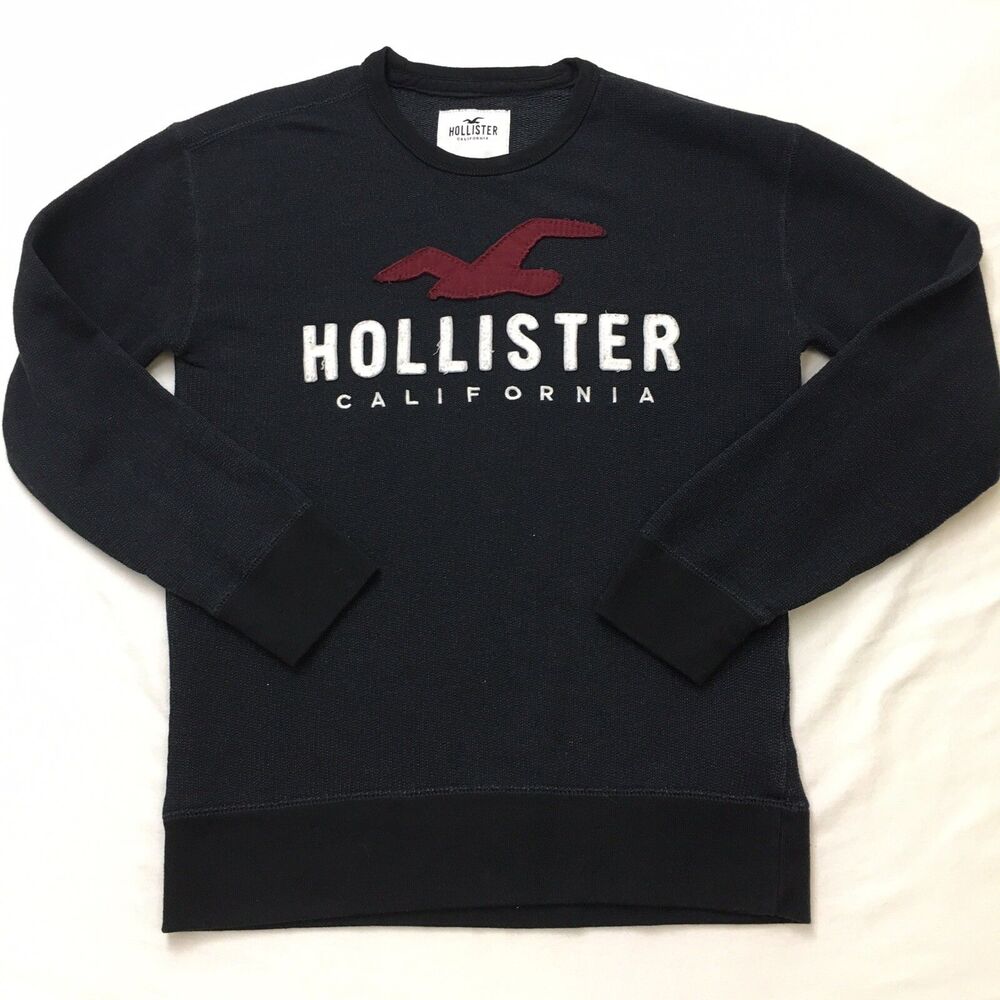 HOLLISTER Seagull Spell Out SWEATER Mens S Black Blanket Knit Long Sleeve Crew